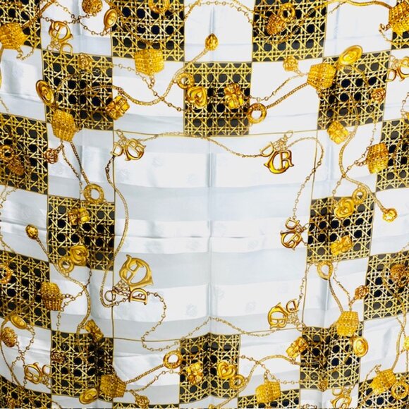 Christian Dior 100% Silk Scarf Chiffon &Satin 33"  Silver Black Gold Design(15 - Picture 8 of 10